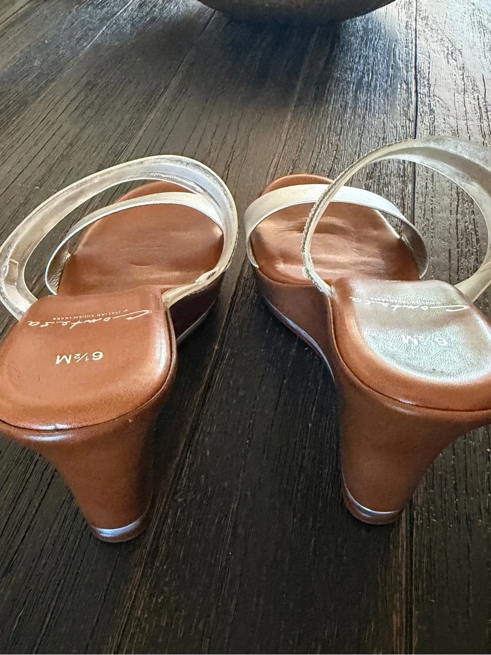 Clarks Brown Wedge Sandals with Silver and Clear Rhinestone Straps